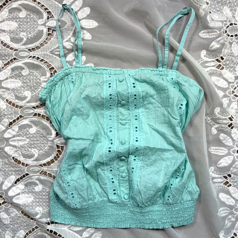 Teal Y2K Cottage Aqua Mint Green Eyelet Cotton Smocked Camisole Top L